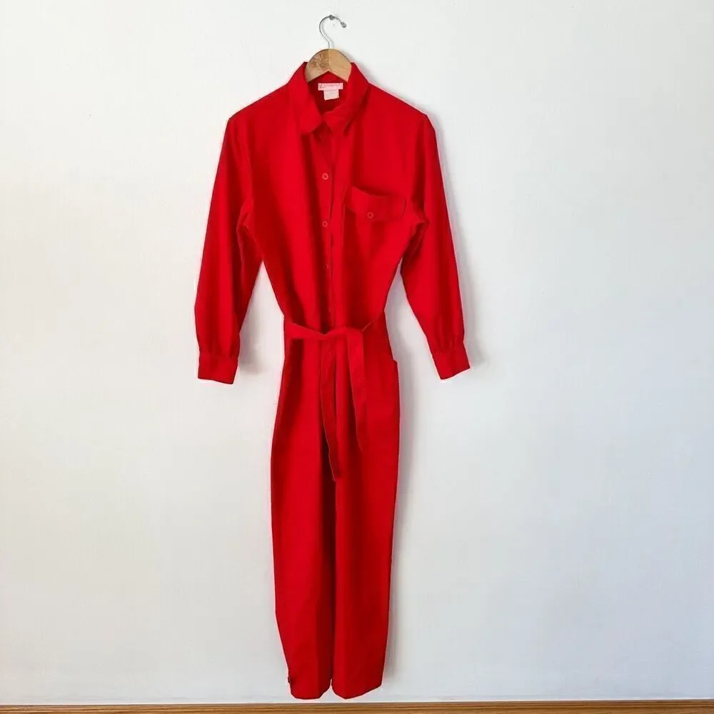 Vintage 1900s Lerner Red Twill Long Sleeve Button Front Tapered Leg Red Boiler J